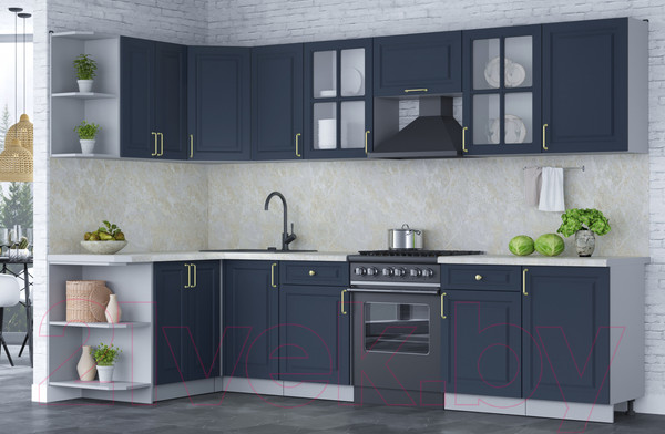 Изображение товара Кухонный гарнитур Интерлиния Мила Шато 1.5x3.1 левая (индиго/индиго/опал светлый)