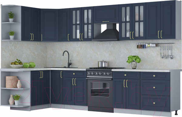 Изображение товара Кухонный гарнитур Интерлиния Мила Шато 1.5x3.3 левая (индиго/индиго/опал светлый)