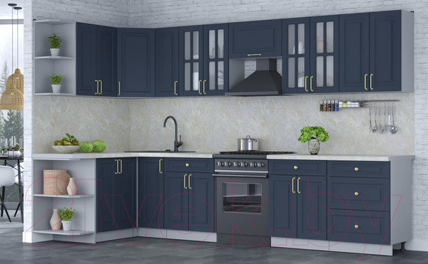 Изображение товара Кухонный гарнитур Интерлиния Мила Шато 1.5x3.3 левая (индиго/индиго/опал светлый)