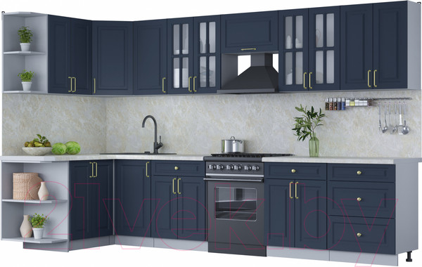 Изображение товара Кухонный гарнитур Интерлиния Мила Шато 1.5x3.4 левая (индиго/индиго/опал светлый)