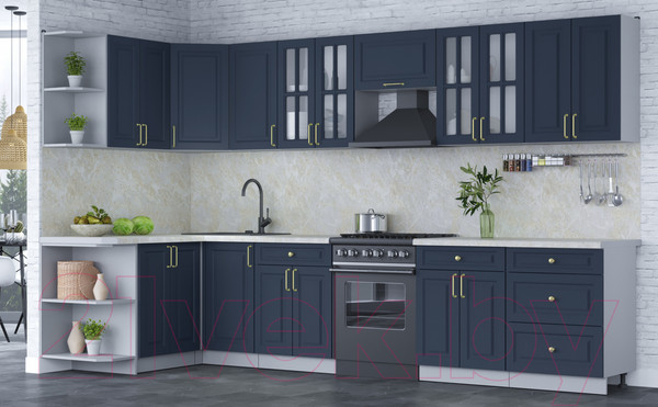 Изображение товара Кухонный гарнитур Интерлиния Мила Шато 1.5x3.4 левая (индиго/индиго/опал светлый)