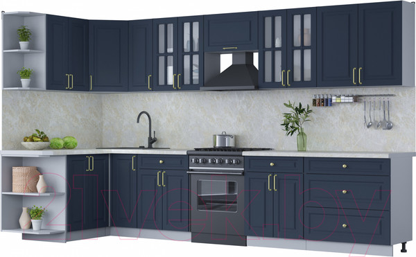 Изображение товара Кухонный гарнитур Интерлиния Мила Шато 1.5x3.5 левая (индиго/индиго/опал светлый)