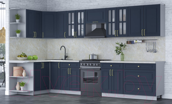 Изображение товара Кухонный гарнитур Интерлиния Мила Шато 1.5x3.5 левая (индиго/индиго/опал светлый)