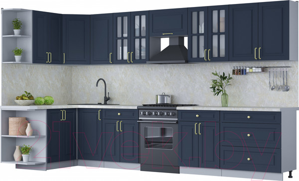 Изображение товара Кухонный гарнитур Интерлиния Мила Шато 1.5x3.6 левая (индиго/индиго/опал светлый)