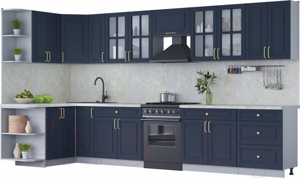 Изображение товара Кухонный гарнитур Интерлиния Мила Шато 1.5x3.7 левая (индиго/индиго/опал светлый)