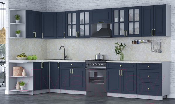 Изображение товара Кухонный гарнитур Интерлиния Мила Шато 1.5x3.7 левая (индиго/индиго/опал светлый)