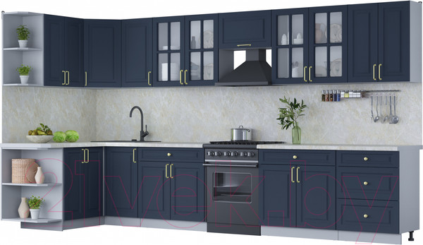 Изображение товара Кухонный гарнитур Интерлиния Мила Шато 1.5x3.8 левая (индиго/индиго/опал светлый)