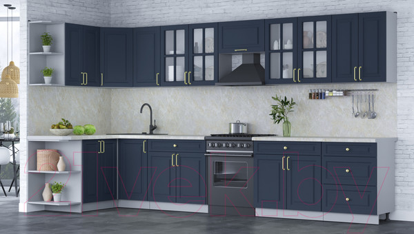 Изображение товара Кухонный гарнитур Интерлиния Мила Шато 1.5x3.8 левая (индиго/индиго/опал светлый)