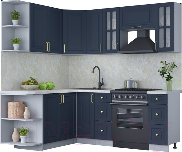 Изображение товара Кухонный гарнитур Интерлиния Мила Шато 1.7x2.1 левая (индиго/индиго/опал светлый)