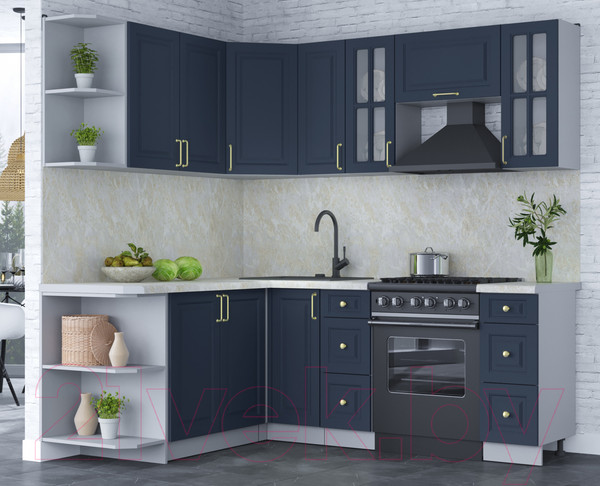 Изображение товара Кухонный гарнитур Интерлиния Мила Шато 1.7x2.1 левая (индиго/индиго/опал светлый)