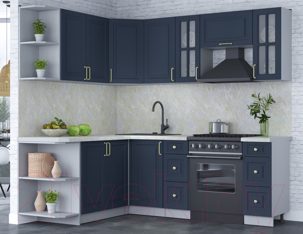 Изображение товара Кухонный гарнитур Интерлиния Мила Шато 1.7x2.2 левая (индиго/индиго/опал светлый)