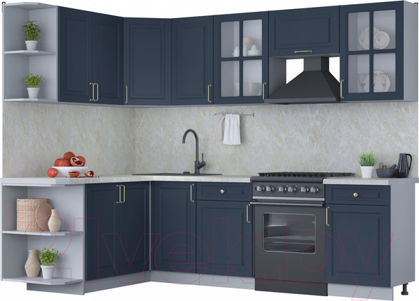 Изображение товара Кухонный гарнитур Интерлиния Мила Шато 1.7x2.6 левая (индиго/индиго/опал светлый)