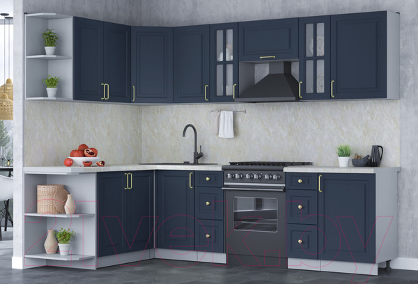 Изображение товара Кухонный гарнитур Интерлиния Мила Шато 1.7x2.7 левая (индиго/индиго/опал светлый)