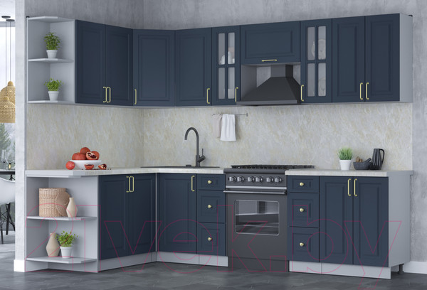 Изображение товара Кухонный гарнитур Интерлиния Мила Шато 1.7x2.8 левая (индиго/индиго/опал светлый)