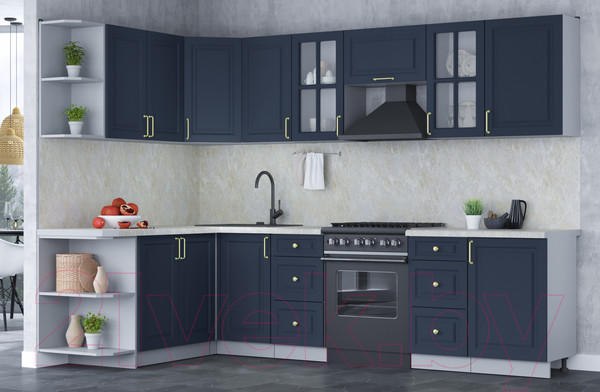 Изображение товара Кухонный гарнитур Интерлиния Мила Шато 1.7x2.9 левая (индиго/индиго/опал светлый)