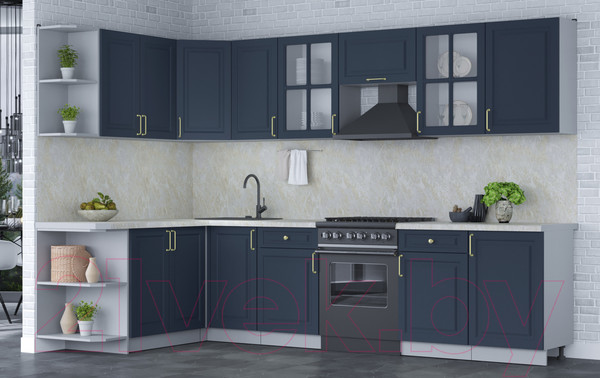 Изображение товара Кухонный гарнитур Интерлиния Мила Шато 1.7x3.1 левая (индиго/индиго/опал светлый)