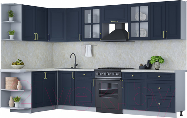 Изображение товара Кухонный гарнитур Интерлиния Мила Шато 1.7x3.2 левая (индиго/индиго/опал светлый)