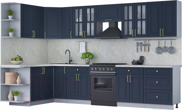 Изображение товара Кухонный гарнитур Интерлиния Мила Шато 1.7x3.3 левая (индиго/индиго/опал светлый)