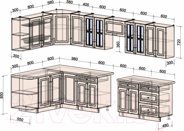 Изображение товара Кухонный гарнитур Интерлиния Мила Шато 1.7x3.4 левая (индиго/индиго/опал светлый)
