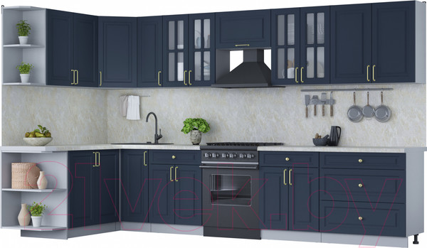 Изображение товара Кухонный гарнитур Интерлиния Мила Шато 1.7x3.5 левая (индиго/индиго/опал светлый)