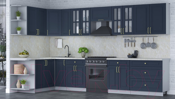 Изображение товара Кухонный гарнитур Интерлиния Мила Шато 1.7x3.5 левая (индиго/индиго/опал светлый)