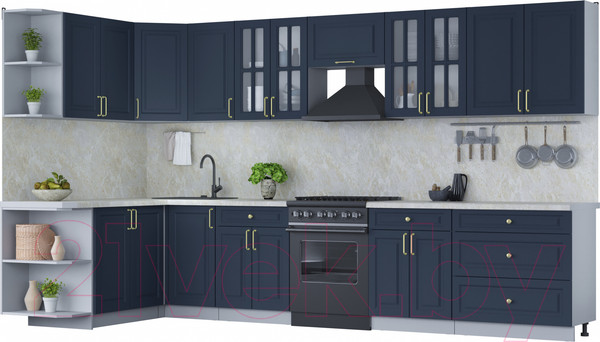 Изображение товара Кухонный гарнитур Интерлиния Мила Шато 1.7x3.6 левая (индиго/индиго/опал светлый)