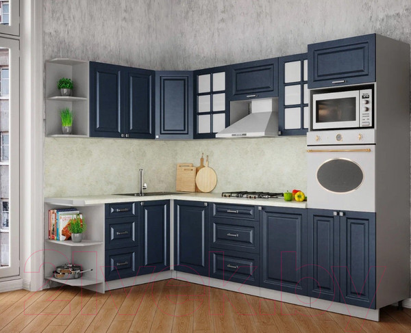 Изображение товара Кухонный гарнитур Интерлиния Мила Шато 1.68x2.8 ВТ левая (индиго/индиго/опал светлый)