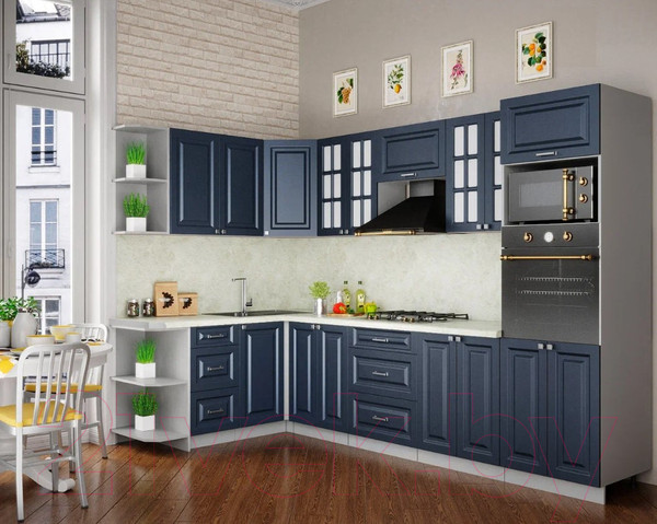 Изображение товара Кухонный гарнитур Интерлиния Мила Шато 1.68x3.0 ВТ левая (индиго/индиго/опал светлый)