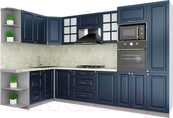 Изображение товара Кухонный гарнитур Интерлиния Мила Шато 1.68x3.2 ВТ левая (индиго/индиго/опал светлый)