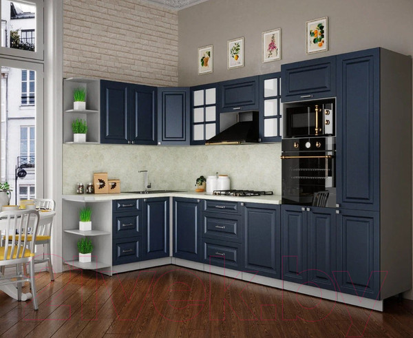 Изображение товара Кухонный гарнитур Интерлиния Мила Шато 1.68x3.2 ВТ левая (индиго/индиго/опал светлый)