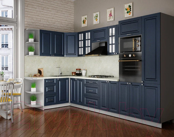 Изображение товара Кухонный гарнитур Интерлиния Мила Шато 1.68x3.4 ВТ левая (индиго/индиго/опал светлый)