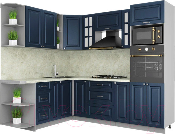 Изображение товара Кухонный гарнитур Интерлиния Мила Шато 1.88x2.4 ВТ левая (индиго/индиго/опал светлый)