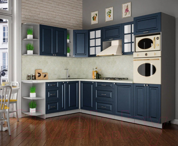 Изображение товара Кухонный гарнитур Интерлиния Мила Шато 1.88x2.8 ВТ левая (индиго/индиго/опал светлый)