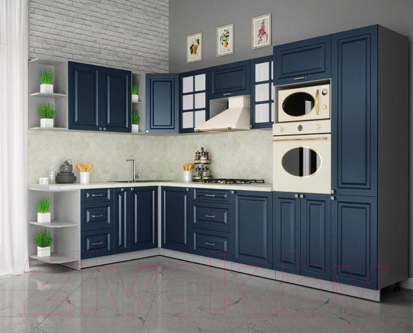 Изображение товара Кухонный гарнитур Интерлиния Мила Шато 1.88x3.2 ВТ левая (индиго/индиго/опал светлый)