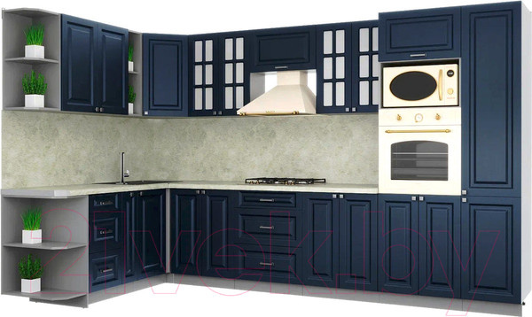 Изображение товара Кухонный гарнитур Интерлиния Мила Шато 1.88x3.4 ВТ левая (индиго/индиго/опал светлый)