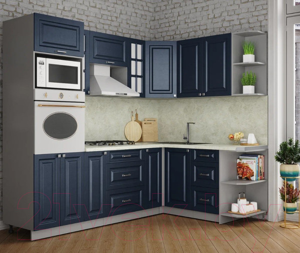 Изображение товара Кухонный гарнитур Интерлиния Мила Шато 1.68x2.4 ВТ правая (индиго/индиго/опал светлый)