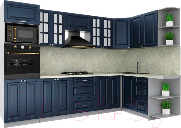 Изображение товара Кухонный гарнитур Интерлиния Мила Шато 1.68x3.0 ВТ правая (индиго/индиго/опал светлый)