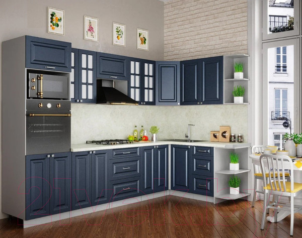 Изображение товара Кухонный гарнитур Интерлиния Мила Шато 1.68x3.0 ВТ правая (индиго/индиго/опал светлый)