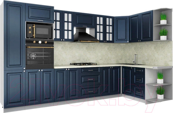 Изображение товара Кухонный гарнитур Интерлиния Мила Шато 1.68x3.4 ВТ правая (индиго/индиго/опал светлый)