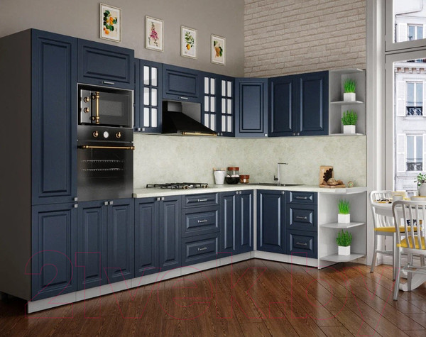 Изображение товара Кухонный гарнитур Интерлиния Мила Шато 1.68x3.4 ВТ правая (индиго/индиго/опал светлый)