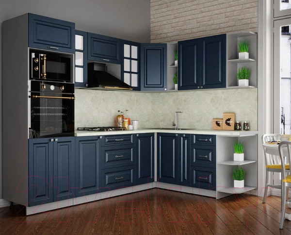 Изображение товара Кухонный гарнитур Интерлиния Мила Шато 1.88x2.6 ВТ правая (индиго/индиго/опал светлый)