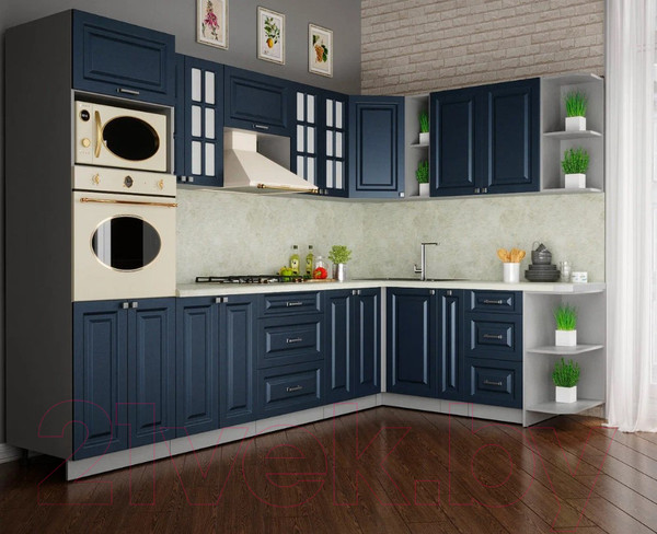 Изображение товара Кухонный гарнитур Интерлиния Мила Шато 1.88x3.0 ВТ правая (индиго/индиго/опал светлый)