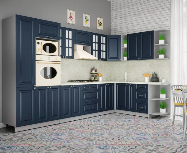 Изображение товара Кухонный гарнитур Интерлиния Мила Шато 1.88x3.4 ВТ правая (индиго/индиго/опал светлый)