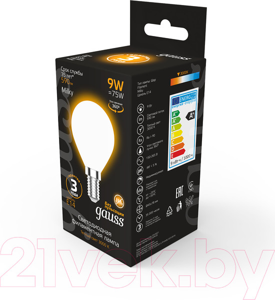 Изображение товара Лампа Gauss Filament Globe Е14 9W 3000К / 105201109 (Milky)
