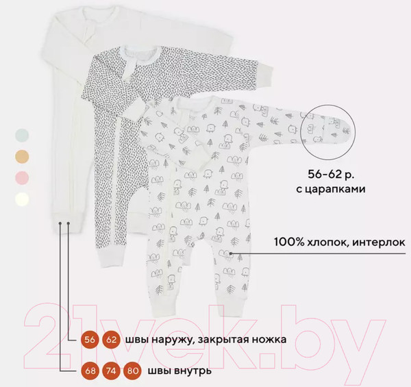 Изображение товара Набор комбинезонов для малышей MOWbaby Birds / 1282 (Milk, р.68)