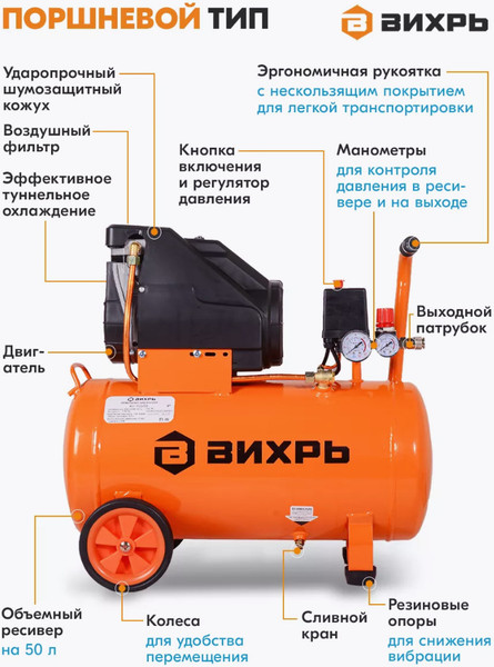 Изображение товара Воздушный компрессор Вихрь КП-195/50 (74/3/21)