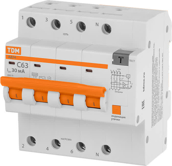 Изображение товара Дифференциальный автомат TDM АД14 4P C63 30мА 4.5кА тип АС 5 мод / SQ0204-0145