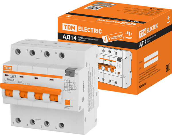 Изображение товара Дифференциальный автомат TDM АД14 4P C63 30мА 4.5кА тип АС 5 мод / SQ0204-0145