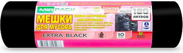 Изображение товара Пакеты для мусора Mirpack Extra 180л 50мкм / 9063437 (10шт, черный)