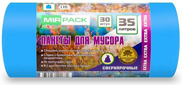 Изображение товара Пакеты для мусора Mirpack Extra 35л 12мкм / 9111139 (30шт, синий)